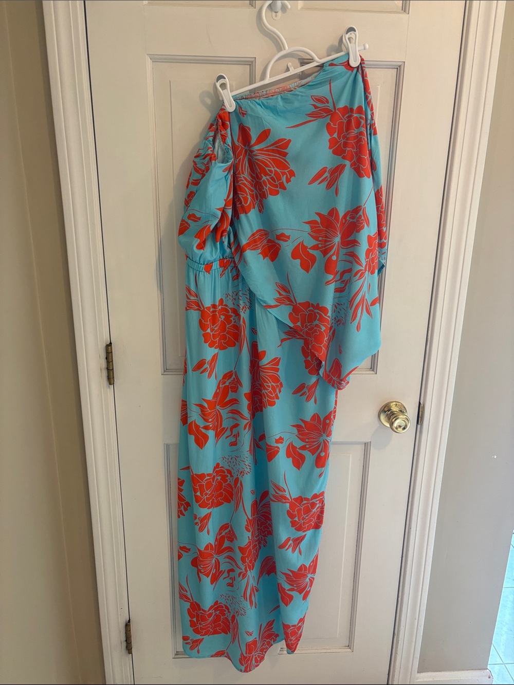 Cupshe Aqua One-Shoulder Maxi Dress with Coral Floral Print